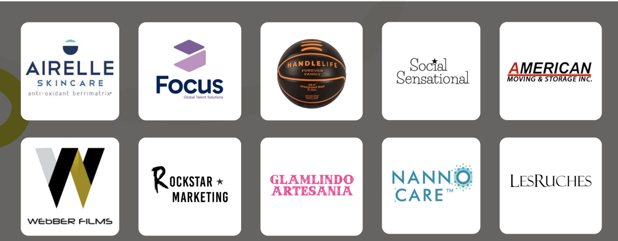 Partner logos: Airelle Skincare, Focus Global Talent Solutions, Handlelife, Social Sensational, American Moving & Storage, Webber Films, Rockstar Marketing, Glamlindo Artesania, Nanno Care, LesRuches