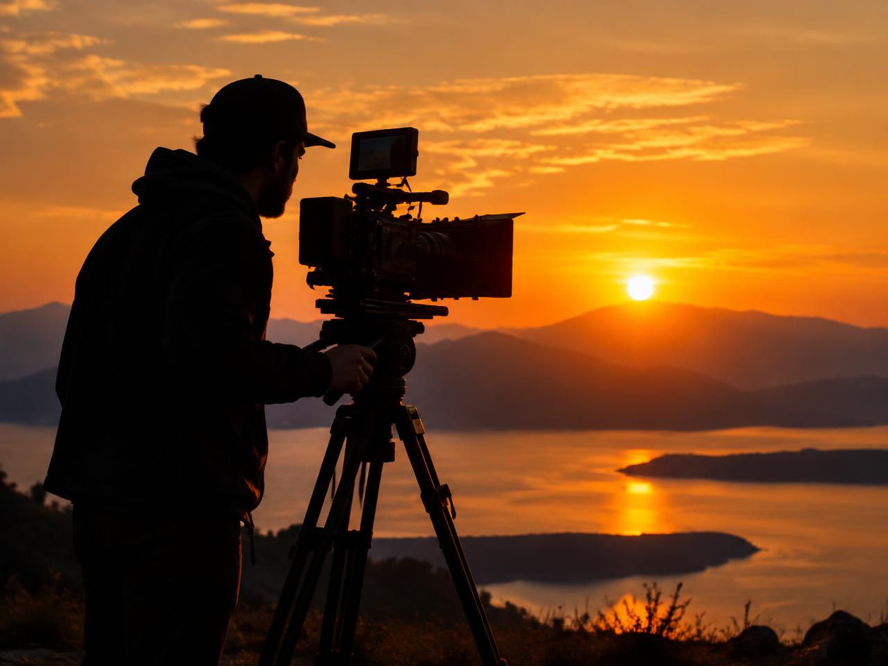 Videographer filming at sunset