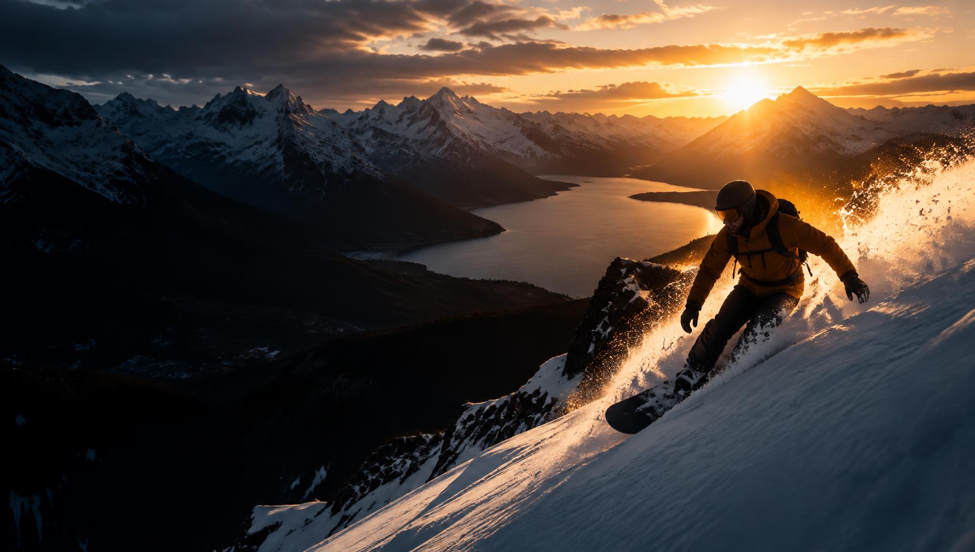 Snowboarder carving down a mountain at golden hour